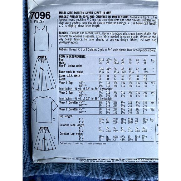 Simplicity 7096 pattern pullover top culottes size 8-20 - Picture 3 of 4
